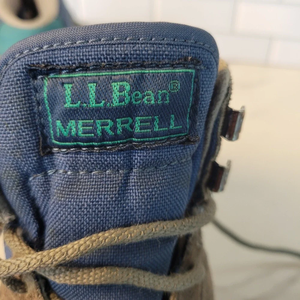 VTG LL Bean Merrell Mens Hiking Boots Sz 10 Brown Blue Suede Canvas Trail Shoes